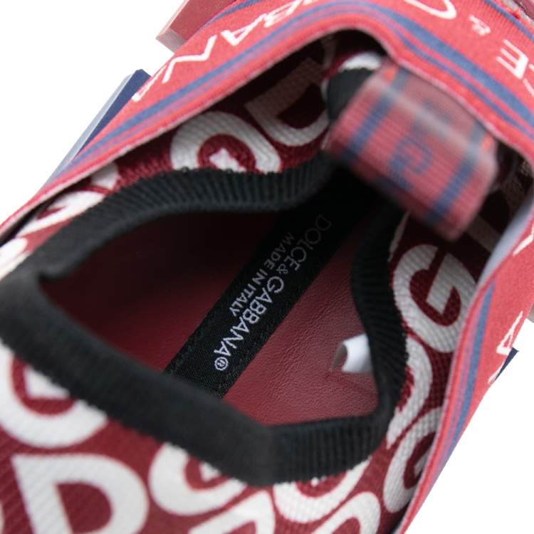 Pre Owned Dolce & Gabbana Red/White Fabric Logo Slip On Sneakers Size 43