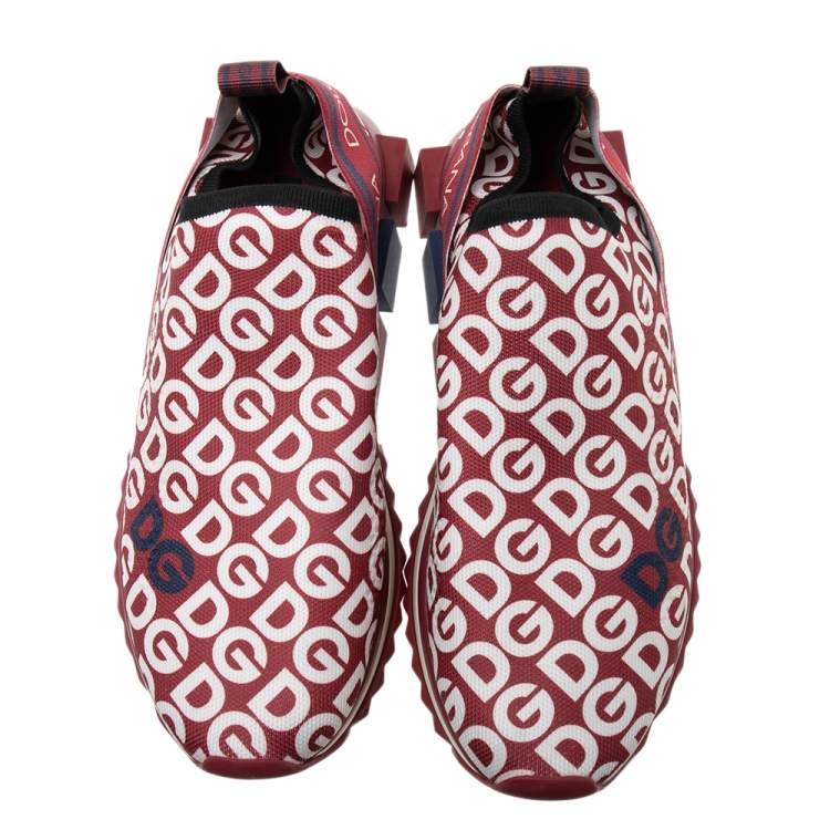 Pre Owned Dolce & Gabbana Red/White Fabric Logo Slip On Sneakers Size 43