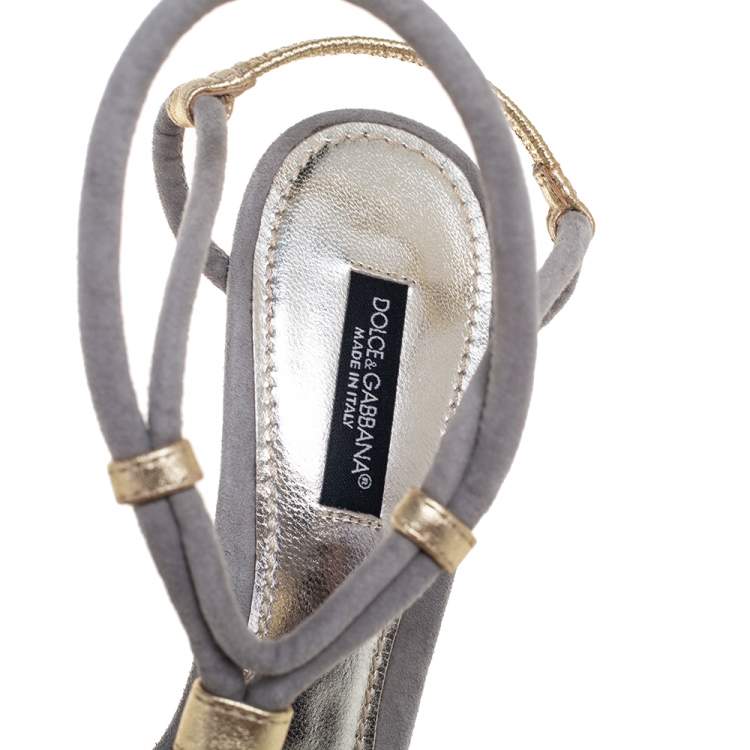 Pre Owned Dolce & Gabbana Grey/Gold Suede and Leather Ankle-Strap Sandals Size 37