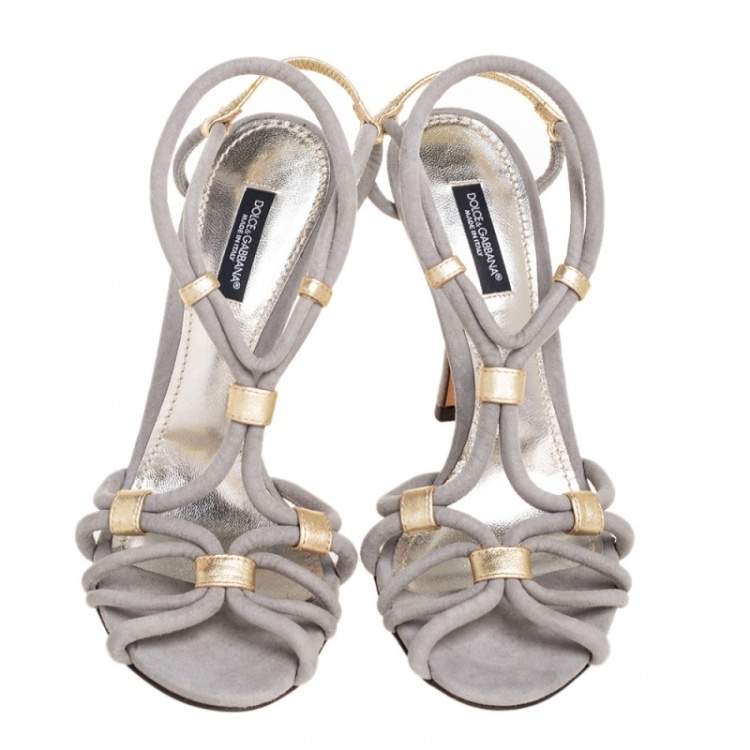 Pre Owned Dolce & Gabbana Grey/Gold Suede and Leather Ankle-Strap Sandals Size 37