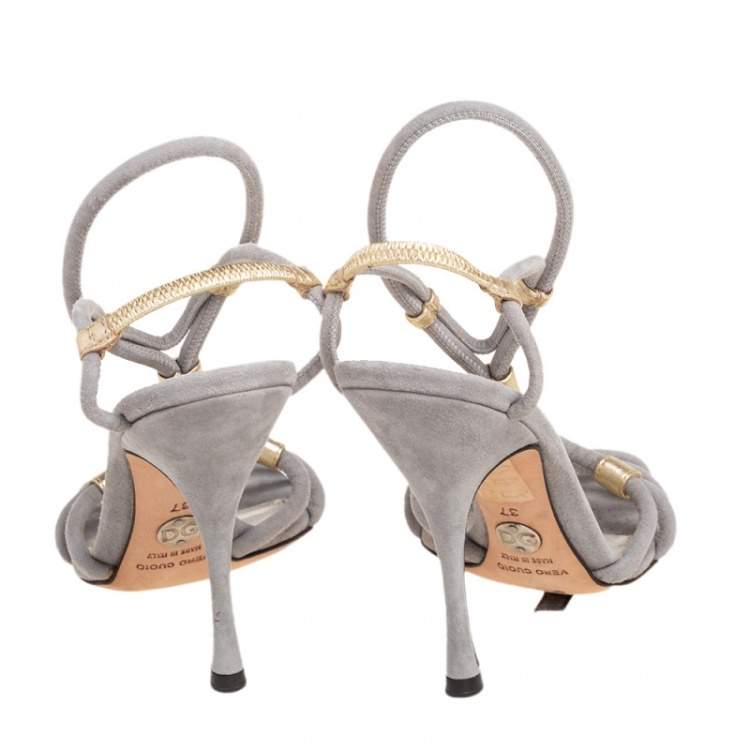 Pre Owned Dolce & Gabbana Grey/Gold Suede and Leather Ankle-Strap Sandals Size 37