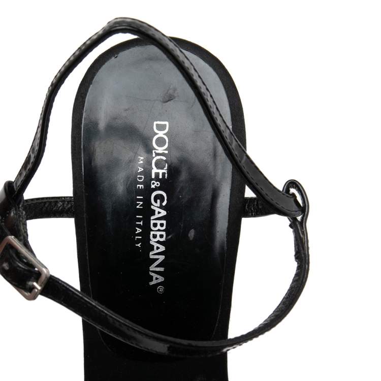 Pre Owned Dolce & Gabbana Black Patent Leather Crystals Embellished Block Heel Ankle-Strap Sandals Size 38