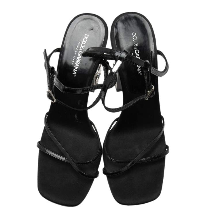 Pre Owned Dolce & Gabbana Black Patent Leather Crystals Embellished Block Heel Ankle-Strap Sandals Size 38
