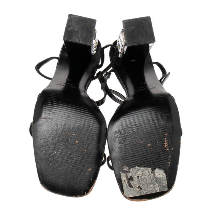 Pre Owned Dolce & Gabbana Black Patent Leather Crystals Embellished Block Heel Ankle-Strap Sandals Size 38