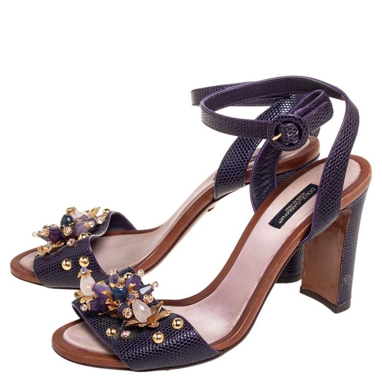 Pre Owned Dolce & Gabbana Lizard Embossed Leather Embellished  Ankle Strap Sandals Size 38
