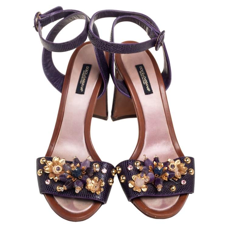 Pre Owned Dolce & Gabbana Lizard Embossed Leather Embellished  Ankle Strap Sandals Size 38