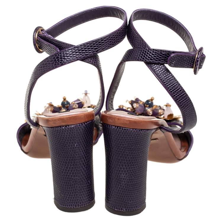 Pre Owned Dolce & Gabbana Lizard Embossed Leather Embellished  Ankle Strap Sandals Size 38
