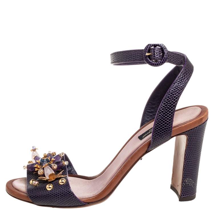 Pre Owned Dolce & Gabbana Lizard Embossed Leather Embellished  Ankle Strap Sandals Size 38