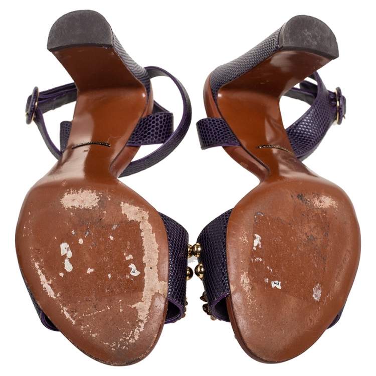 Pre Owned Dolce & Gabbana Lizard Embossed Leather Embellished  Ankle Strap Sandals Size 38