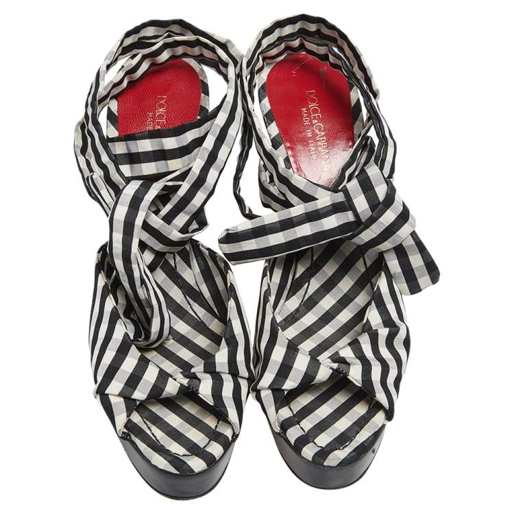 Pre Owned Dolce & Gabbana Black/White Canvas Platform Ankle Wrap Sandals Size 37