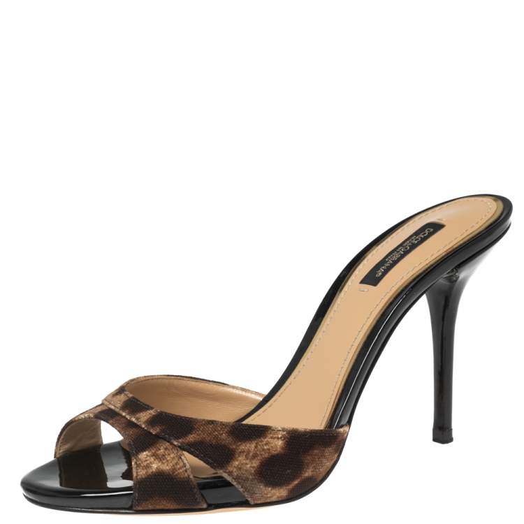 Pre Owned Dolce & Gabbana Brown Animal Print Canvas Slide Sandals Size 38