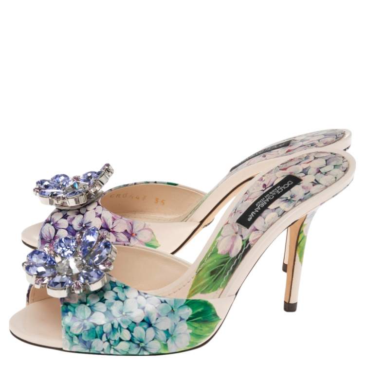 Pre Owned Dolce & Gabbana  Multicolor Patent Crystal Embellished Flower Slide Sandals Size 35