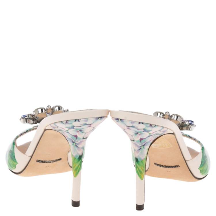 Pre Owned Dolce & Gabbana  Multicolor Patent Crystal Embellished Flower Slide Sandals Size 35