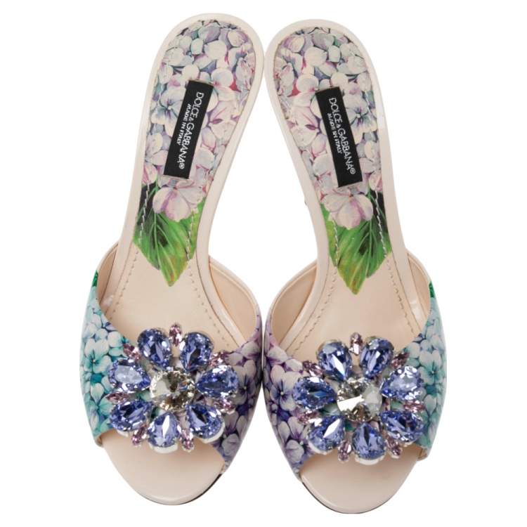 Pre Owned Dolce & Gabbana  Multicolor Patent Crystal Embellished Flower Slide Sandals Size 35