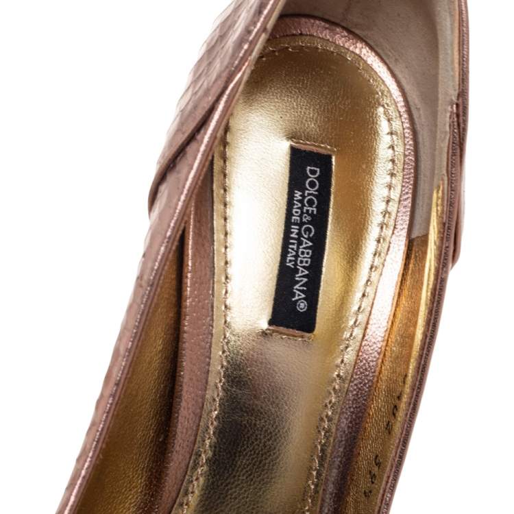 Pre Owned Dolce & Gabbana Metallic Bronze Python Embossed Leather Detail Peep-Toe Pumps Size 39.5