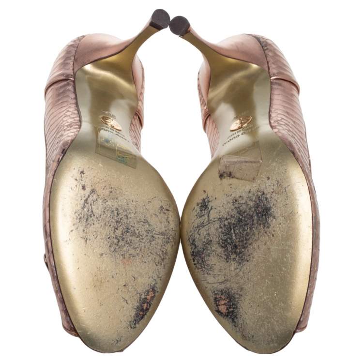Pre Owned Dolce & Gabbana Metallic Bronze Python Embossed Leather Detail Peep-Toe Pumps Size 39.5