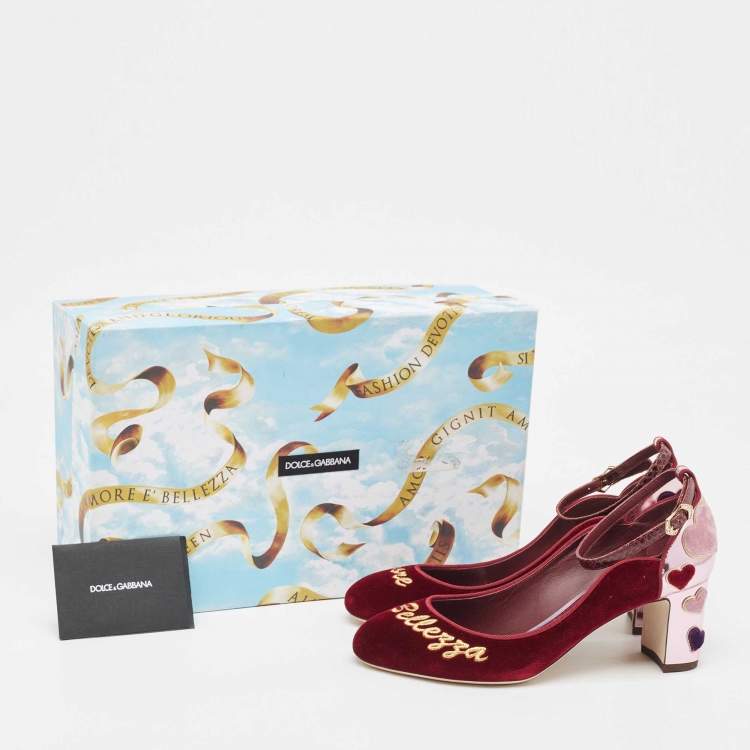 Pre Owned Dolce & Gabbana Burgundy Velvet L' Amore Block Heel Pumps Size 38
