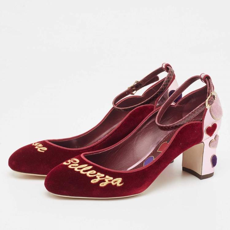 Pre Owned Dolce & Gabbana Burgundy Velvet L' Amore Block Heel Pumps Size 38
