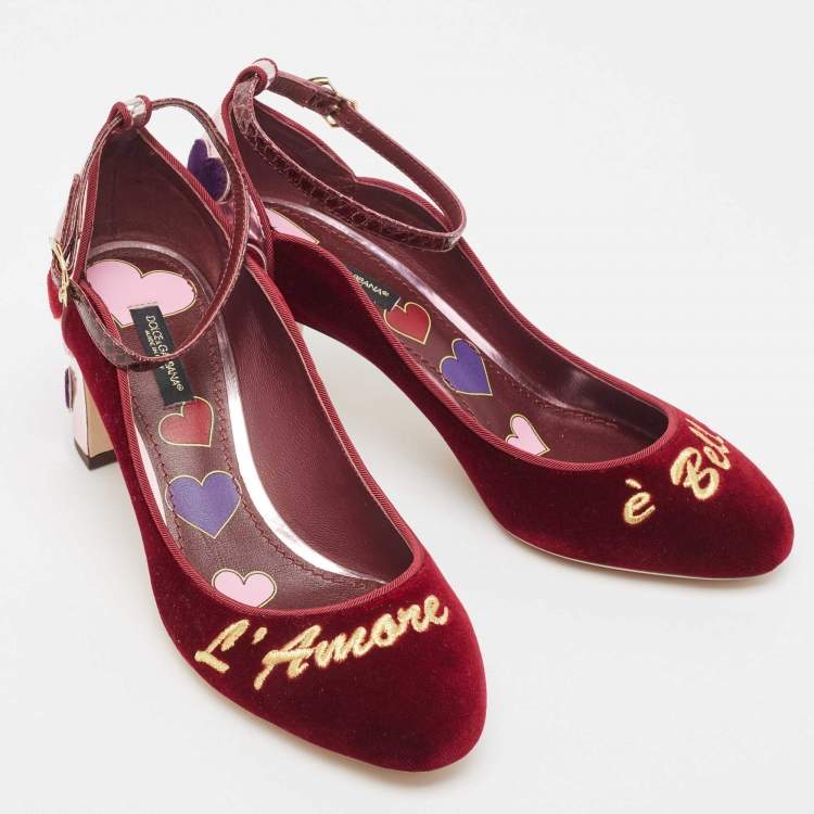 Pre Owned Dolce & Gabbana Burgundy Velvet L' Amore Block Heel Pumps Size 38