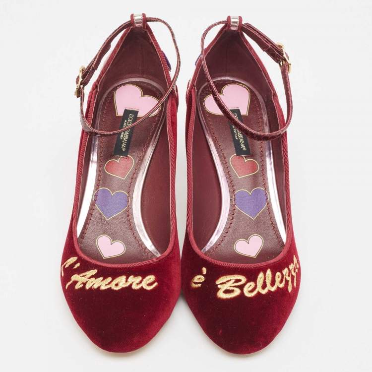 Pre Owned Dolce & Gabbana Burgundy Velvet L' Amore Block Heel Pumps Size 38