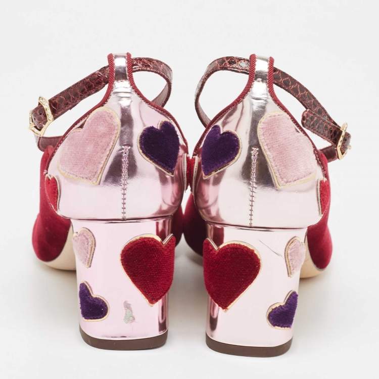 Pre Owned Dolce & Gabbana Burgundy Velvet L' Amore Block Heel Pumps Size 38