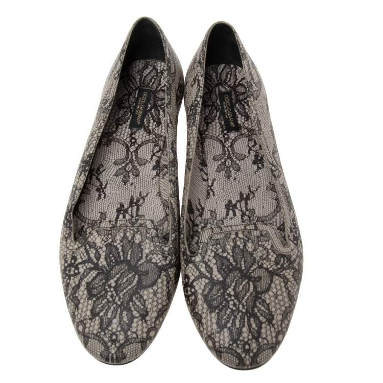 Pre Owned Dolce & Gabbana Black/Grey Leather Flower Print Ballet Flats Size 40