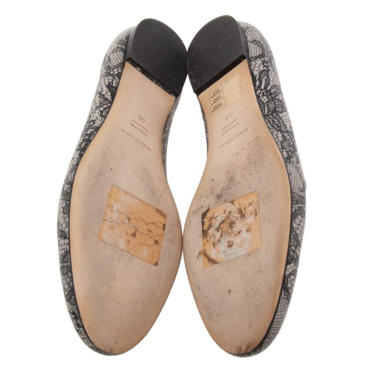 Pre Owned Dolce & Gabbana Black/Grey Leather Flower Print Ballet Flats Size 40