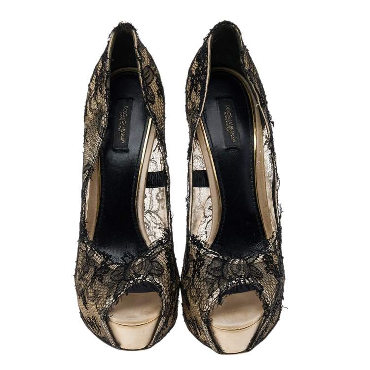 Pre Owned Dolce & Gabbana Beige Lace Platform Peep Toe Pumps Size 41