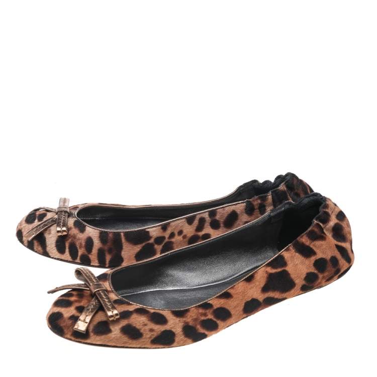 Pre Owned Dolce & Gabbana Brown Leopard Print Calf Hair Ballet Flats Size 39