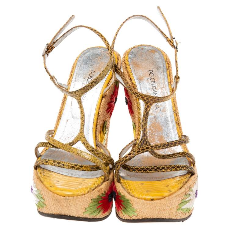 Pre Owned Dolce & Gabbana Multicolor Python Embossed Leather  Floral Embroidered Raffia Wedge Sandals Size 37