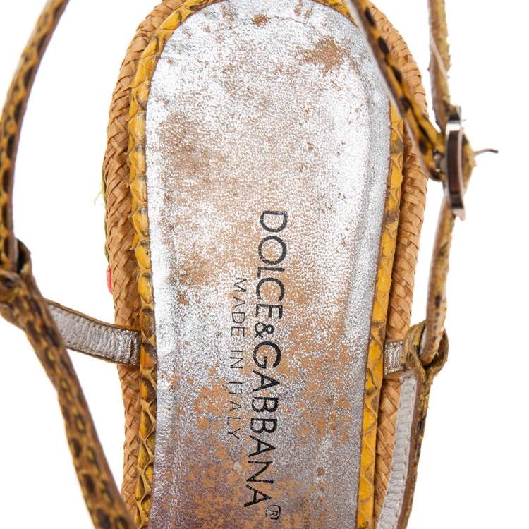 Pre Owned Dolce & Gabbana Multicolor Python Embossed Leather  Floral Embroidered Raffia Wedge Sandals Size 37