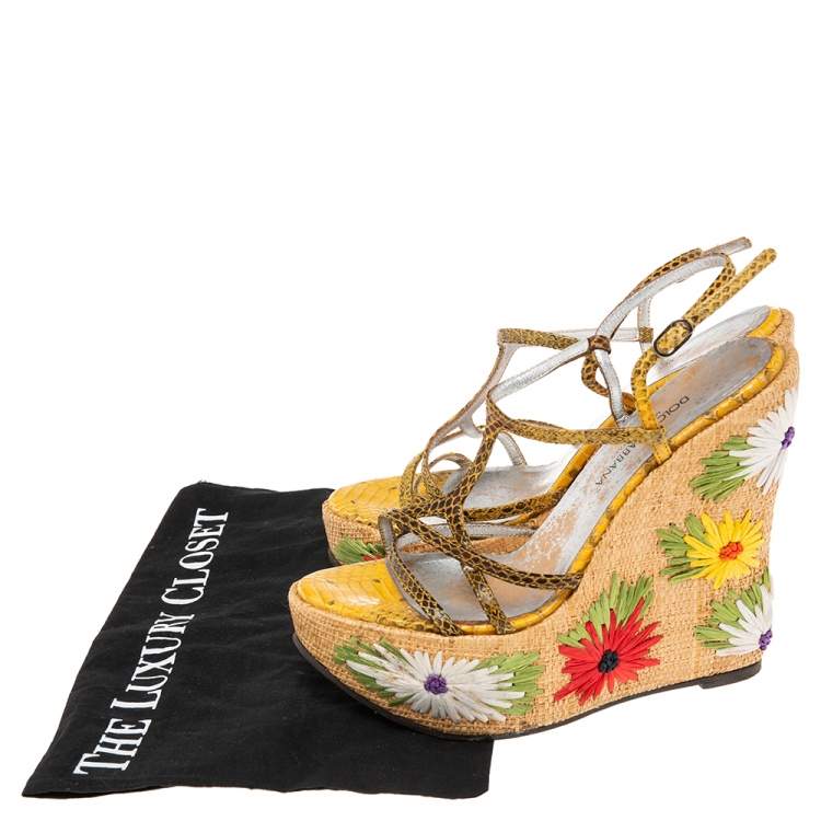Pre Owned Dolce & Gabbana Multicolor Python Embossed Leather  Floral Embroidered Raffia Wedge Sandals Size 37