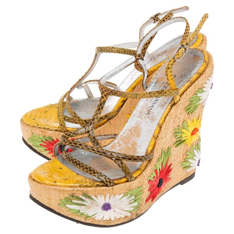 Pre Owned Dolce & Gabbana Multicolor Python Embossed Leather  Floral Embroidered Raffia Wedge Sandals Size 37