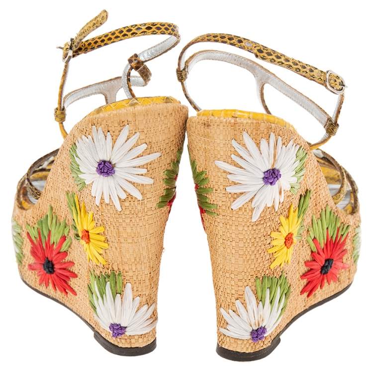 Pre Owned Dolce & Gabbana Multicolor Python Embossed Leather  Floral Embroidered Raffia Wedge Sandals Size 37