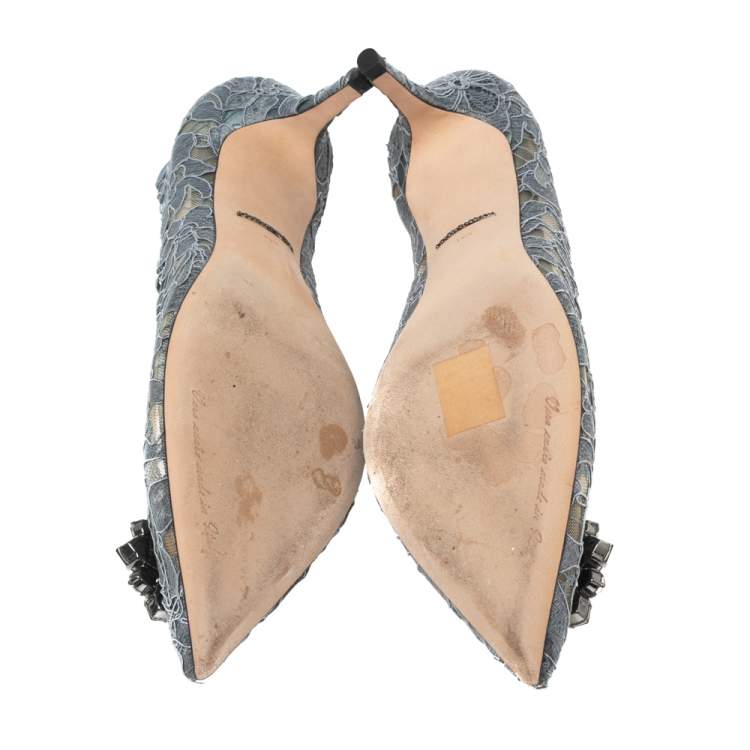 Pre Owned Dolce & Gabbana Grey Taormina Lace Crystal Embellished Bellucci Pumps Size 39.5