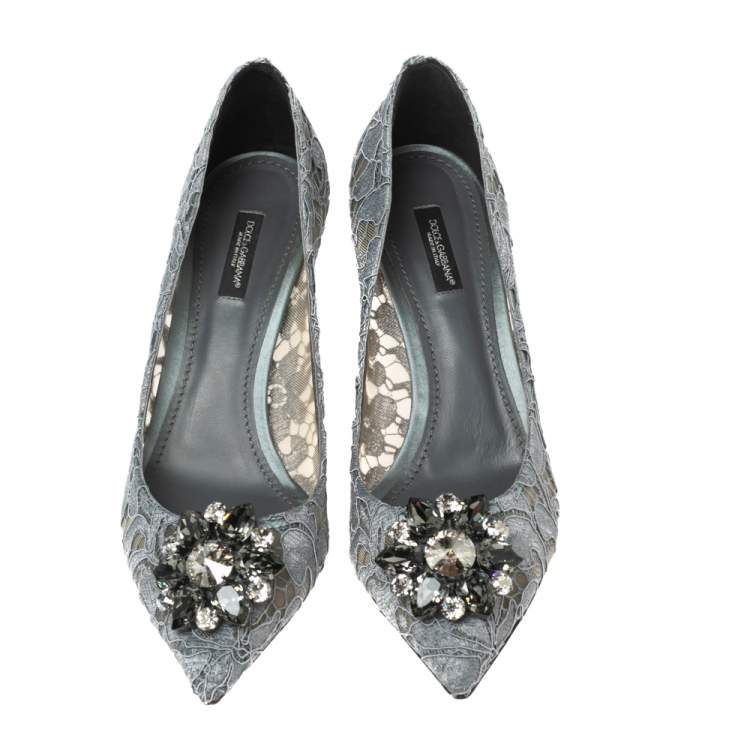 Pre Owned Dolce & Gabbana Grey Taormina Lace Crystal Embellished Bellucci Pumps Size 39.5
