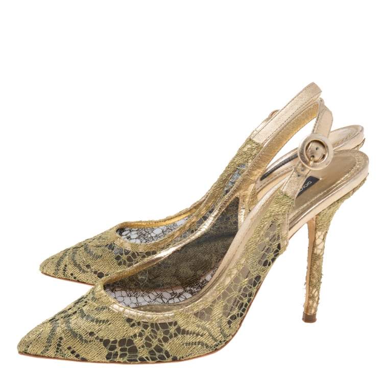 Pre Owned Dolce & Gabbana Gold Lace And Mesh Slingback Sandals Size 38.5
