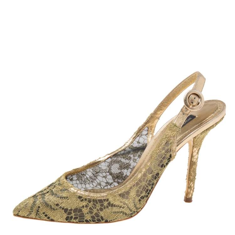 Pre Owned Dolce & Gabbana Gold Lace And Mesh Slingback Sandals Size 38.5