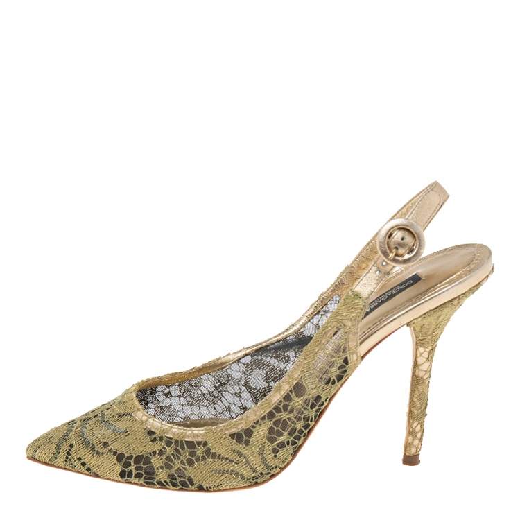 Pre Owned Dolce & Gabbana Gold Lace And Mesh Slingback Sandals Size 38.5