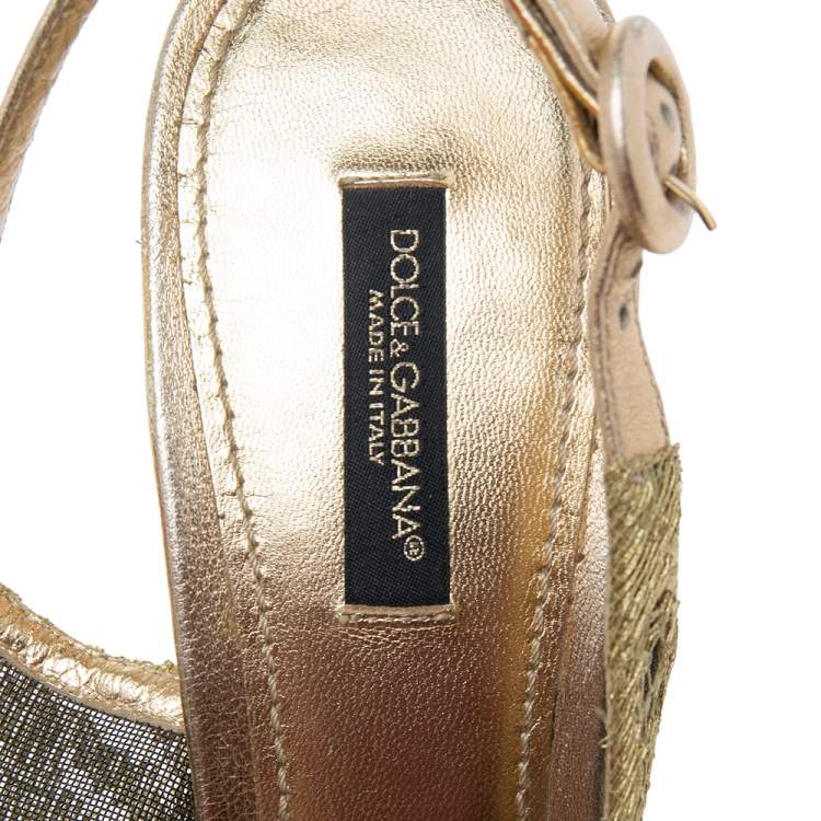 Pre Owned Dolce & Gabbana Gold Lace And Mesh Slingback Sandals Size 38.5
