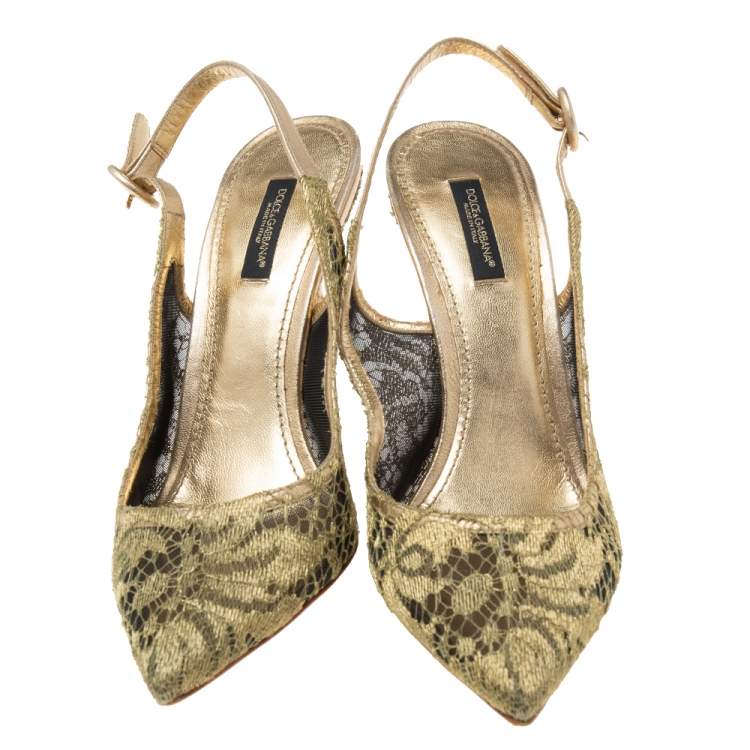 Pre Owned Dolce & Gabbana Gold Lace And Mesh Slingback Sandals Size 38.5