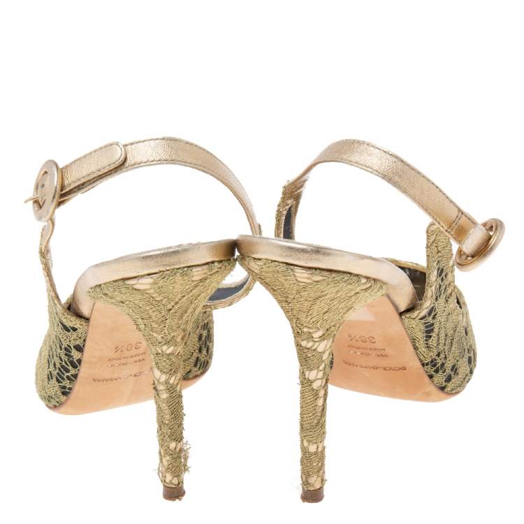 Pre Owned Dolce & Gabbana Gold Lace And Mesh Slingback Sandals Size 38.5