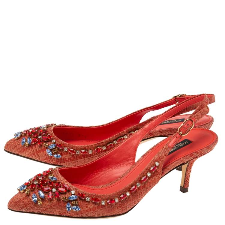 Pre Owned Dolce & Gabbana Red Raffia Crystal Embellished Slingback Sandals Size 37.5