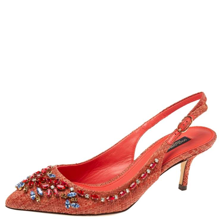 Pre Owned Dolce & Gabbana Red Raffia Crystal Embellished Slingback Sandals Size 37.5