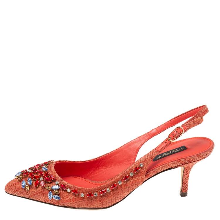 Pre Owned Dolce & Gabbana Red Raffia Crystal Embellished Slingback Sandals Size 37.5