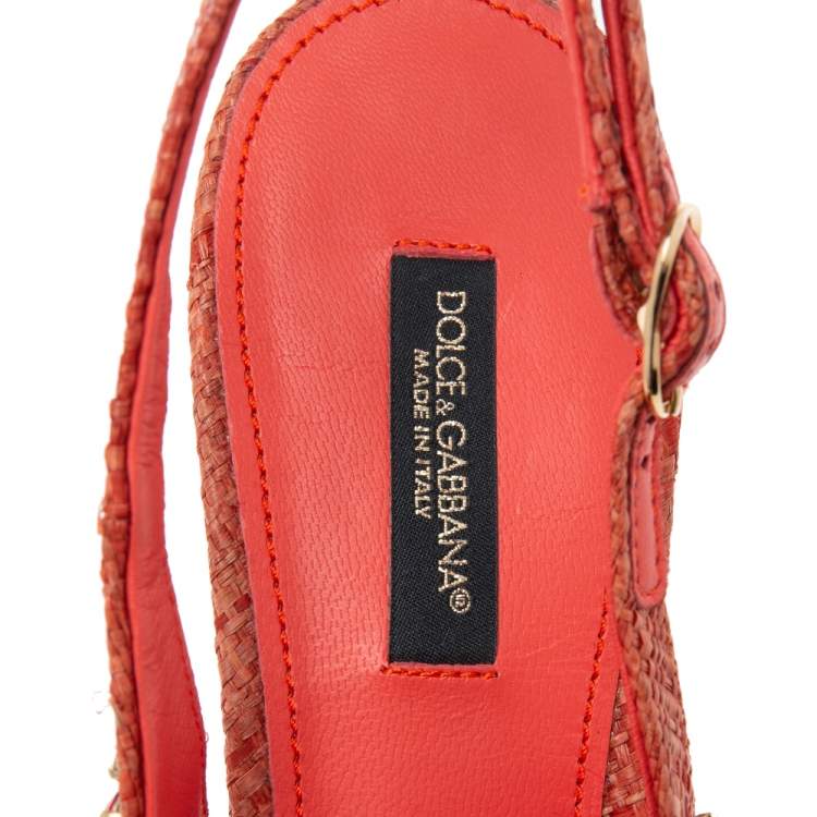 Pre Owned Dolce & Gabbana Red Raffia Crystal Embellished Slingback Sandals Size 37.5