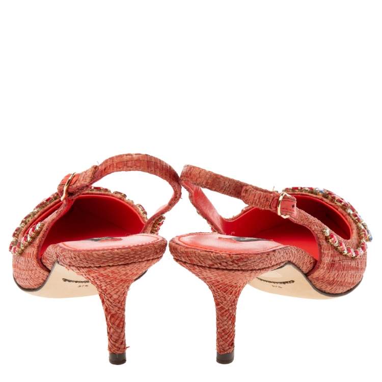 Pre Owned Dolce & Gabbana Red Raffia Crystal Embellished Slingback Sandals Size 37.5