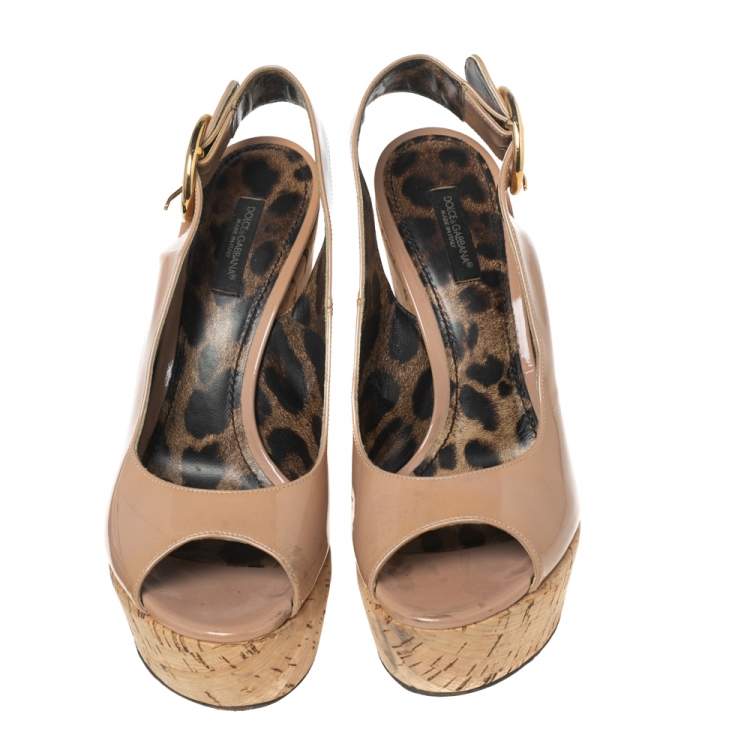 Pre Owned Dolce & Gabbana Beige Patent Leather Cork Wedge Platform Slingback Sandals Size 38