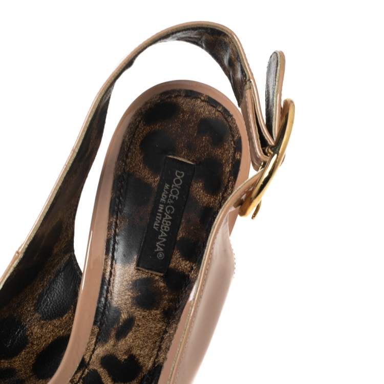 Pre Owned Dolce & Gabbana Beige Patent Leather Cork Wedge Platform Slingback Sandals Size 38