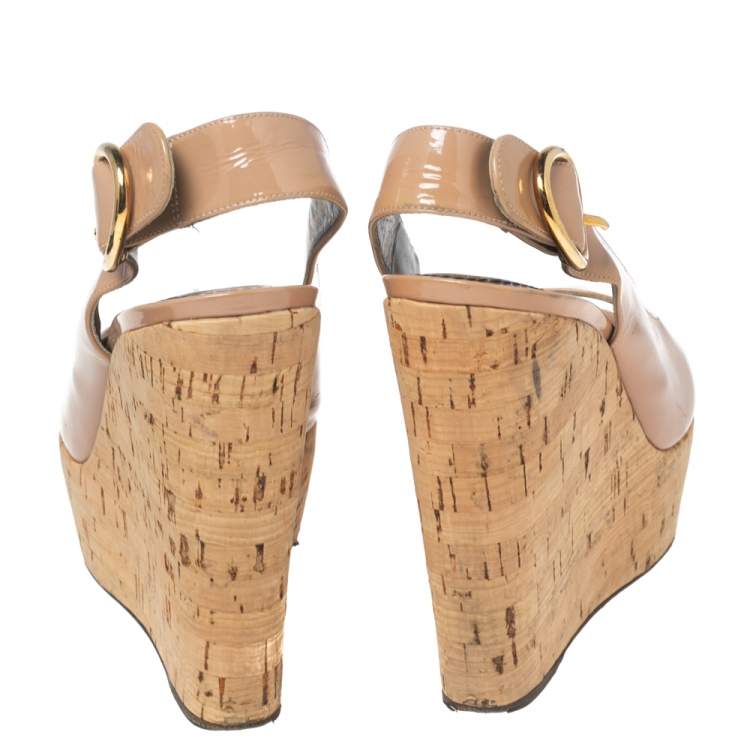 Pre Owned Dolce & Gabbana Beige Patent Leather Cork Wedge Platform Slingback Sandals Size 38